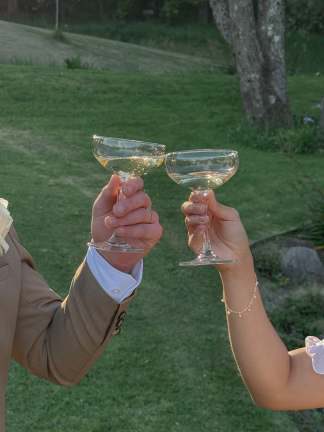 Champagne coupes raised in a toast